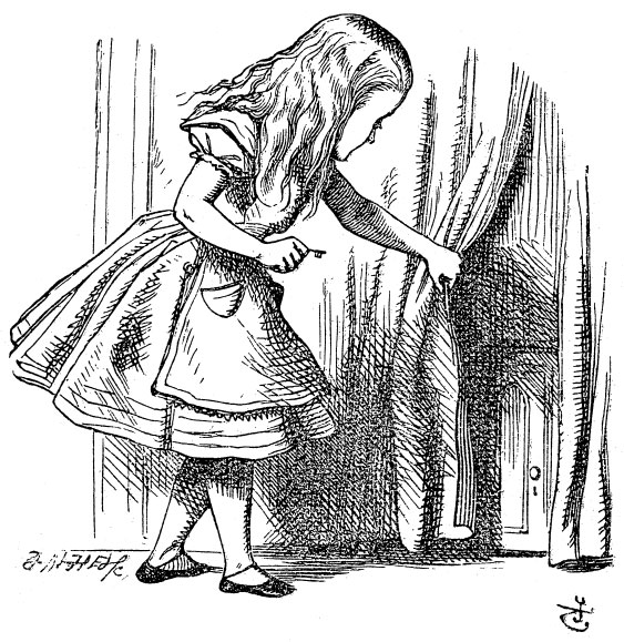 alice looking behind curtain